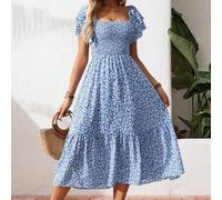 Shein Vestido largo de verano informal con escote cuadrado, estampado floral pequeño, manga corta para vacaciones en la playa para mujeres