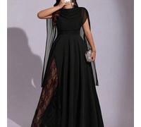 Shein Vestido largo de verano para mujer talla grande, estilo francés elegante, negro, con capa, cintura ceñida, bajo en A, patchwork de encaje y abertura,