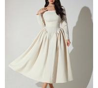 Shein Vestido largo elegante con cuello cuadrado, mangas largas y plisado en unicolor, vestidos de noche largos de primavera y otoño