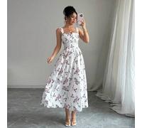 Shein Vestido largo elegante con pliegues y recogido en la cintura con estampado floral, para la última temporada de primavera/verano para mujeres
