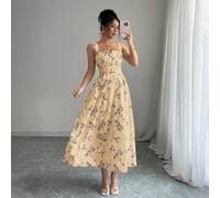 Shein Vestido largo elegante con pliegues y recogido en la cintura con estampado floral, para la última temporada de primavera/verano para mujeres