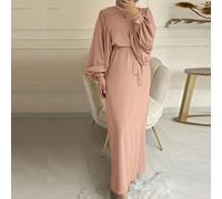 Shein Vestido largo elegante de estilo árabe para mujer, de unicolor, cuello redondo, manga farol, con cinturón, modesto, para primavera y vacaciones, color