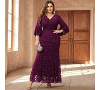 Shein Vestido largo elegante de fiesta, boda o graduación con escote en V, mangas abullonadas, encaje floral y dobladillo de cola de sirena, formal y para o