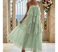 Shein Vestido largo elegante de fiesta con volantes asimétricos de encaje para mujer, sin mangas, moda, graduación, baile de graduación, fiesta de graduació