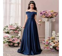 Shein Vestido largo elegante de satén azul marino con hombros descubiertos, detalle de lazo en la espalda, adecuado para bodas, fiestas de cumpleaños, baile