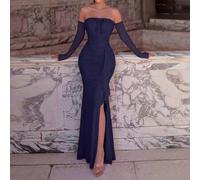 Shein Vestido largo elegante sin tirantes estilo sirena para mujer, diseño de manga larga, detalles elegantes de volantes y pliegues, tela de malla con vari