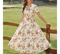 Shein Vestido largo elegante vintage para mujer con bolsillos, cinturón, estampado floral menudo, estampado floral menudo, vestido camisero con botones, cas