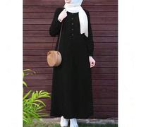 Shein Vestido largo elegante y casual de unicolor con cuello redondo, manga farol y decoración de botones en estilo árabe, para primavera/otoño