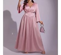 Shein Vestido largo elegante y casual de verano para mujer talla grande, con escote en V profundo, cintura ceñida con detalle de cuentas, mangas holgadas y
