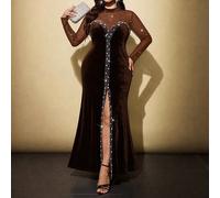 Shein Vestido largo elegante y romántico de talla grande para mujer, con patchwork de malla transparente y decoración de strass, adecuado para banquetes, ba