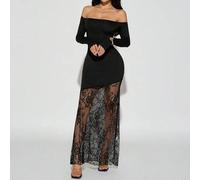 Shein Vestido largo elegante y romántico para mujer, con hombros descubiertos, manga larga, encaje en la cintura, ajustado, bajo asimétrico y parches de enc