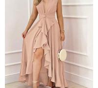 Shein Vestido largo formal con cuello en V profundo, abertura alta, volantes en la Bottom y sin mangas - Vestido de noche elegante y sexy que se ajusta a la