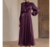 Shein Vestido largo gris-verde para mujer, estilo primavera/otoño, cintura fruncida, tela brillante, elegante y versátil