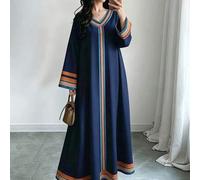 Shein Vestido largo maxi elegante de primavera/verano para mujer, estilo árabe, con estampado de encaje a rayas en azul marino, cuello en V y manga larga