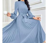 Shein Vestido largo modesto con cuello alto, mangas de linterna largas, bajo plisado y cinturón - Vestidos de noche largos