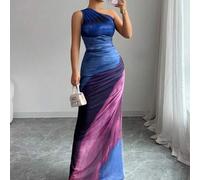 Shein Vestido largo para mujer con corte asimétrico, escote alto, pliegues y degradado de color en tul