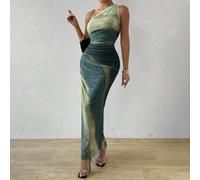 Shein Vestido largo para mujer con cuello asimétrico, abertura alta y tul fruncido con degradado de color