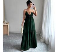 Shein Vestido largo para mujer de LilyHouse, elegante y de moda, estilo de vacaciones en la playa, diseño de vestido fluido con escote en V y tirantes de es