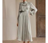 Shein Vestido largo para mujer en gris/verde salvia, cintura plisada, tela brillante, elegante, modesto y versátil, para boda o cena de primavera/otoño