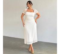 Shein Vestido largo plisado con cuello de cisne elegante, textura de punto, estampado jacquard y malla sexy para mujer de talla grande, apto para uso en la