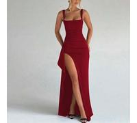 Shein Vestido largo rojo elegante y sexy con abertura, de corte ajustado y modesto, para fiestas, eventos, vacaciones de primavera y verano