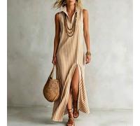 Shein Vestido largo sin mangas con cuello en V a rayas azul & blanco con abertura lateral en el bajo para mujer