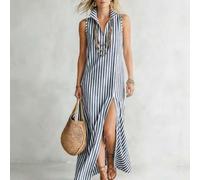 Shein Vestido largo sin mangas con cuello en V a rayas azul & blanco con abertura lateral para mujer
