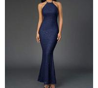 Shein Vestido largo sin mangas para mujer en rojo, negro o azul marino con lentejuelas, hecho de tela elástica con diseño sin espalda y detalles de lazos. P