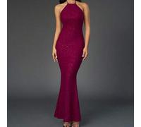 Shein Vestido largo sin mangas para mujer en rojo, negro o azul marino con lentejuelas, hecho de tela elástica con diseño de espalda descubierta y detalles