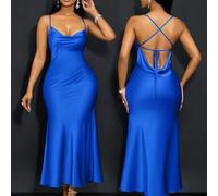Shein Vestido largo verde matcha con cuello colgante, tirantes, cuello de columpio, cuello de bolsillo, cintura baja, espalda abierta cruzada, cola de pez,
