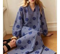 Shein Vestido largo vintage de otoño a cuadros azul & blanco para mujer, elegante vestido a cuadros con cuello en V, cintura anudada y mangas farol, adecuad