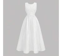 Shein Vestido largo y elegante de satén tejido blanco con detalles de encaje y lazo con cinturón para niñas preadolescentes, vestido de bola/princesa, tempo