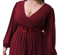 Shein Vestido largo y fluido para mujer de talla grande, con cuello en V y mangas farol, silueta acampanada, adecuado para eventos de noche, fiestas de Navi