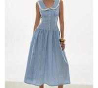 Shein Vestido largo y lindo con cuello Peter Pan, sin mangas, con estampado a cuadros y de cebra