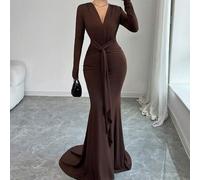 Shein Vestido marrón con escote en V profundo y cintura torcida, nuevo vestido de noche de lujo para mujer, vestido largo ajustado con mangas de sirena y di