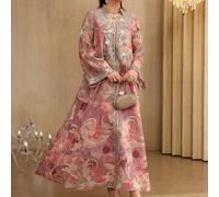 Shein Vestido maxi árabe con cuello alto, mangas acampanadas y adorno floral con cuentas, para primavera/verano