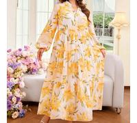 Shein Vestido maxi árabe de talla grande para mujer, de manga larga, cuello alto, estampado floral de gasa, holgado, informal, para primavera/verano
