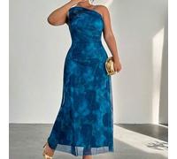 Shein Vestido maxi asimétrico fruncido de tul transparente con estampado degradado de teñido anudado azul, adecuado para Día de San Valentín/Festivales de M