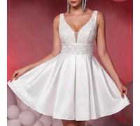 Shein Vestido Maxi Blanco con Cuello en V, Lentejuelas y Patchwork de Satén, Silueta Elegante Formal Oversized Línea A para Bodas, Cóctel, Baile de Graduaci