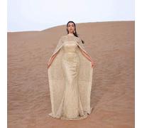 Shein Vestido maxi con capa y dobladillo de cola de pez con lentejuelas y cuentas brillantes - Alta costura, vestido de novia sirena, vestido de alfombra ro