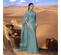 Shein Vestido maxi con capa y dobladillo de cola de pez con lentejuelas y cuentas brillantes - Alta costura, vestido de novia sirena, vestido de alfombra ro