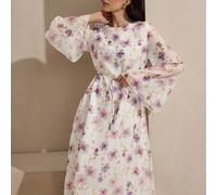 Shein Vestido maxi con cuello redondo, estampado floral de gasa, estilo modesto, romántico y elegante de estilo árabe para mujer, apto para primavera/verano