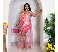 Shein Vestido maxi de 2 capas con estampado de contraste multicolor, elegante, casual y sexy, para el festival de música primavera-verano 2026, tallas grand