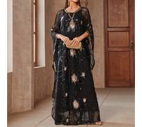 Shein Vestido maxi de dos piezas con cuello redondo, mangas de murciélago y parches de malla con lentejuelas, estilo árabe, para vacaciones de primavera, co