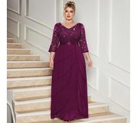 Shein Vestido maxi de fiesta elegante con cuello en V, bordado de lentejuelas, encaje floral, volantes y dobladillo de gasa para eventos formales, graduació