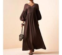 Shein Vestido maxi de lino marrón de manga 3/4 con cuello en V, manga abullonada, súper holgado y de línea A, para uso diario, versátil, casual, vacaciones,