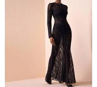 Shein Vestido maxi de manga larga con volantes, semitransparente y de encaje negro, para mujer, ideal para festivales de música, Pascua, Día de San Patricio