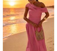 Shein Vestido maxi de mujer Marisole de estilo francés suelto, con un hombro asimétrico, fruncido, ajustado, de color rosa, estilo Y2K, para vacaciones, pla