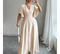 Shein Vestido maxi de mujer talla grande de primavera/verano, elegante estilo francés casual para vacaciones, té de la tarde, bohemio con cuello en V, decor