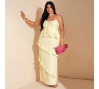 Shein Vestido maxi de mujer talla grande de verano, amarillo, súper largo, de Body ceñido, con textura y volantes, sin tirantes, para vacaciones